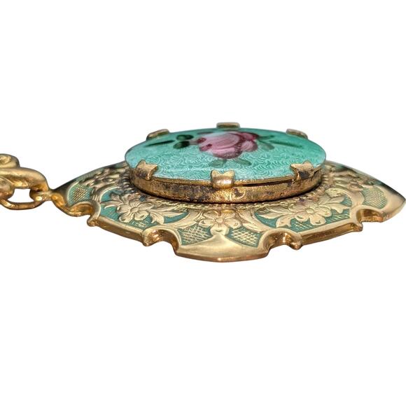 Vtg 1930s Guilloche Enamel Work Rose Design Fleur de Lis Locket Hanging Brooch - Picture 3 of 7